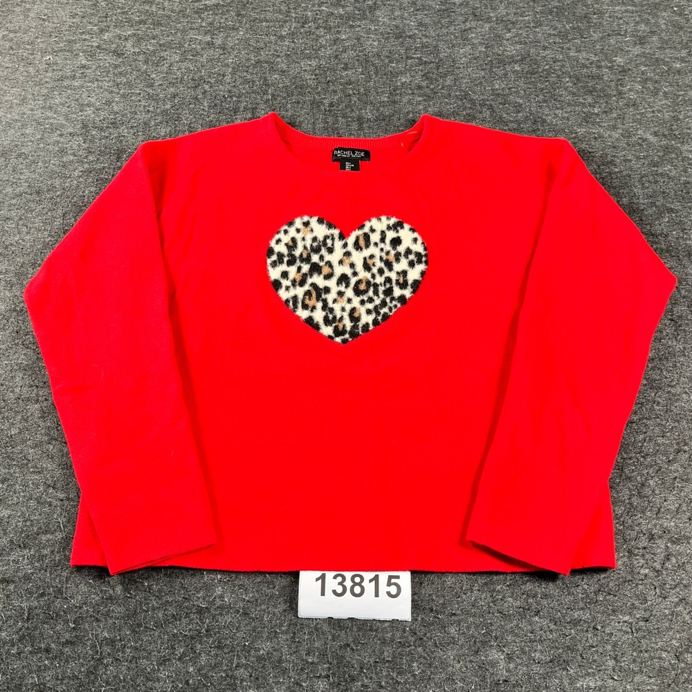 Rachel Zoe Sweater Women Large Red Excellent Leopard Heart Patch Crewneck